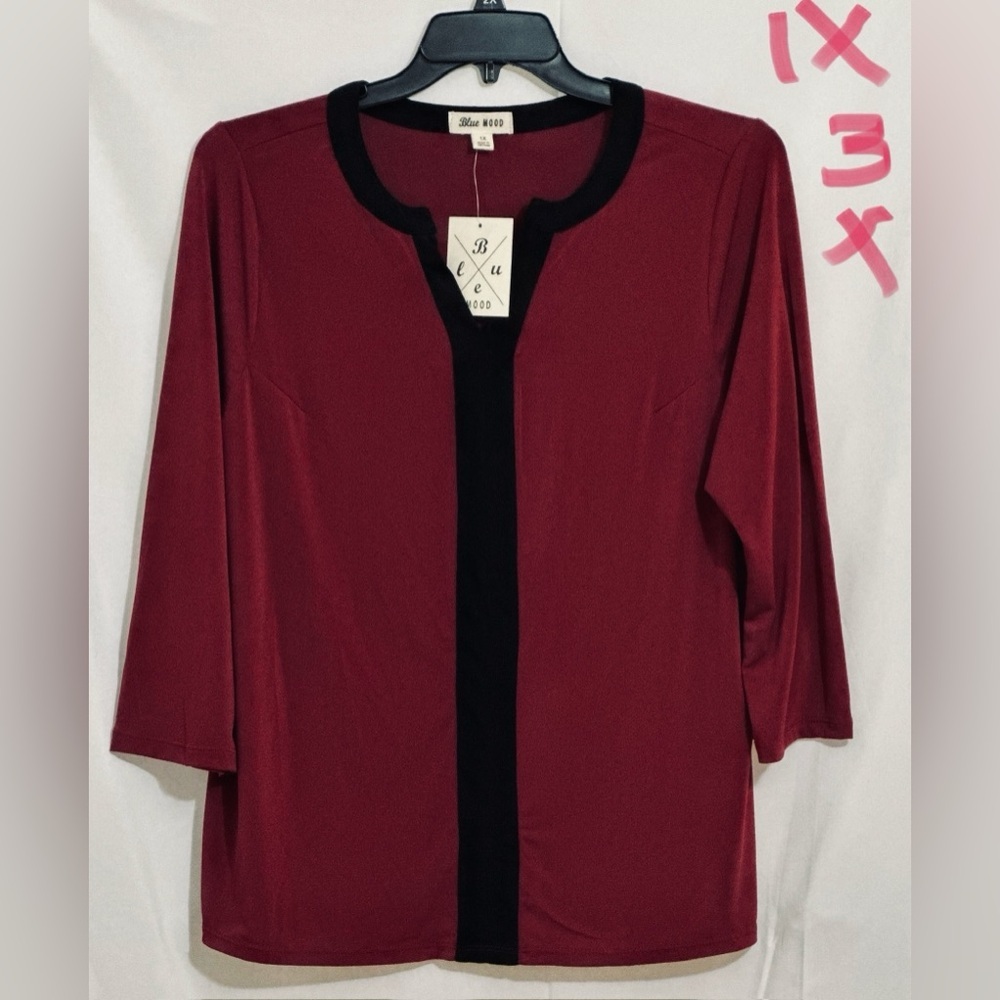 LADIES BRICK RED TOP WITH BLACK STRIPES